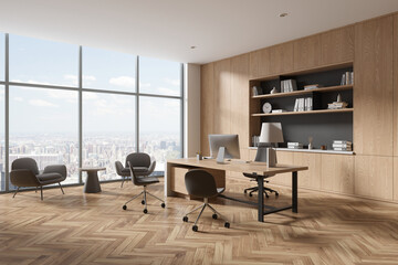 White and wooden CEO office corner with armchairs