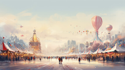 Paintings of festivals such as New Year, carnival, with balloons, children's toys, fireworks,...