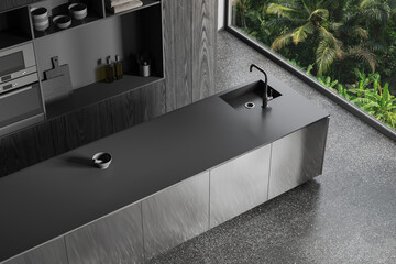 Top view of home kitchen interior with bar island and shelves with window