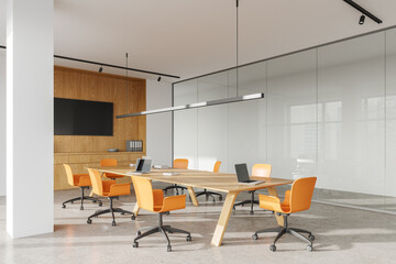 Modern office room interior with armchairs and board, drawer with documents - obrazy, fototapety, plakaty