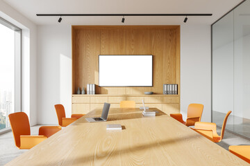 Cozy office conference room interior with meeting table and mock up tv display - obrazy, fototapety, plakaty