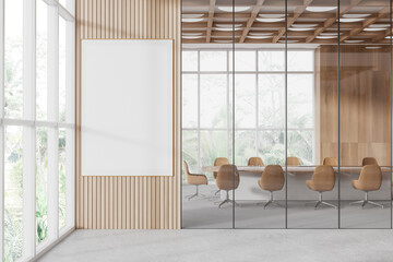 Beige and wooden board room with poster - obrazy, fototapety, plakaty