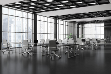 Grey business interior with coworking and conference area, panoramic window