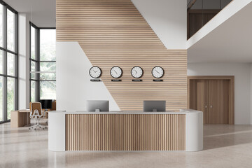 Cozy office interior with reception desk and coworking zone, panoramic window