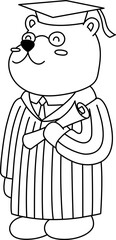 Bear Cartoon Character Cute Graduation Hat And Degree Certificate Full Body Outline