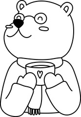 Bear Cartoon Character Cute Winter Cozy With Coffee Mug Cup Outline