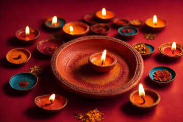 Diwali or Deepavali - Clay Diya lamps lit during Diwali celebration in India.