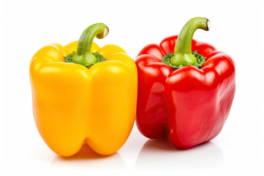 Two bell peppers, a red and a yellow isolated on white background. AI Generated.