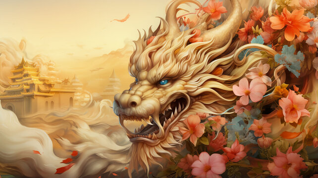Chinese and Japanese style golden dragon images It has a pastel gold background. For various designs or festivals such as New Year, carnival, abstract.