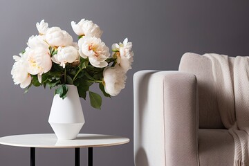 Vase of white peonies with coffee table and armchair near grey wall. Generative AI