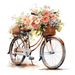 Fototapeta na wymiar Watercolor bicycle with flowers in the basket isolated on white background. AI Generated