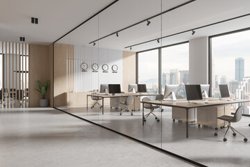 Corner and wooden open space office interior with clocks