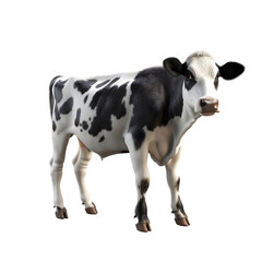 Black and white cow standing isolated on white gentle surprised look, pink nose on transparent background