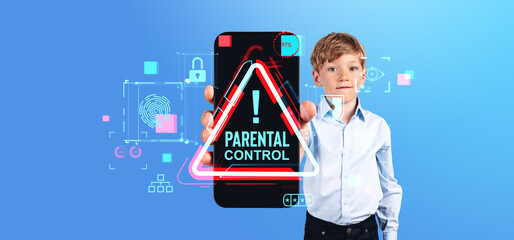 Boy holding phone display, hologram hud with parental control and warning sign - obrazy, fototapety, plakaty