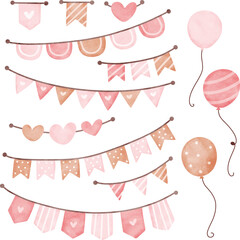 Watercolor Illustration set of Bunting Flag and Balloon