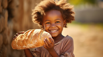  happy African little girl holding fresh bread
