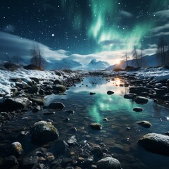Photo of the Arctic tundra under the Northern Light. Generative AI