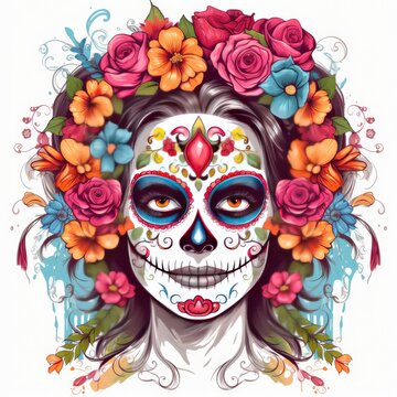 Woman sugar skull with beautiful colored flowers on white background. AI Generated