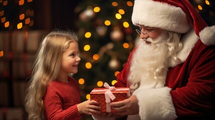 Fototapeta na wymiar Santa Claus gives a gift to a girl.