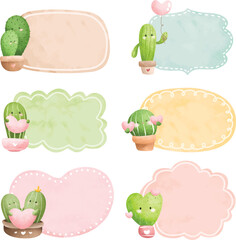 Watercolor Illustration set of Scrapbook notes paper with cute cactus