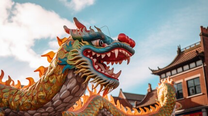 Fototapeta na wymiar Chinese Dragon under a bright sky. AI Generated