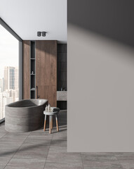 Stylish home bathroom interior with tub near window. Mock up wall - obrazy, fototapety, plakaty