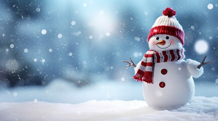 Happy snowman in the winter scenery. AI Generated