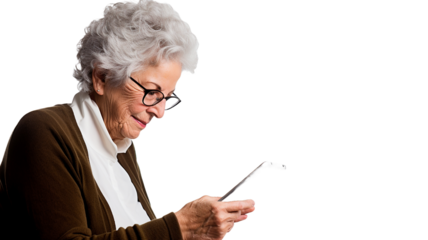 old woman with a tablet on white background