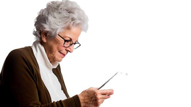 old woman with a tablet on white background