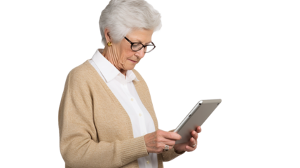 grandmother with a tablet on white background