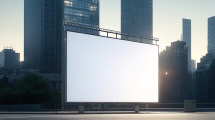 Blank billboard on the road with cityscape background at sunset.