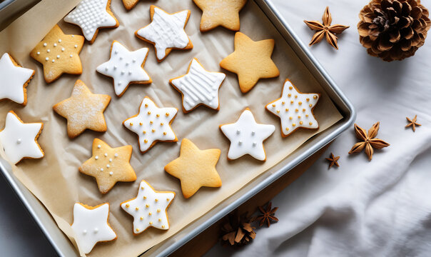 Overhead view of christmas star shaped cookies being prepared in a festive kitchen