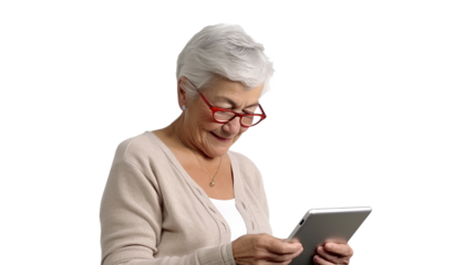 senior lady with a tablet on transparent background
