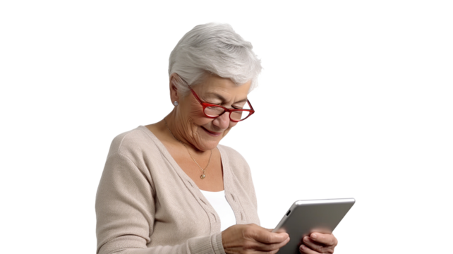 senior lady with a tablet on transparent background