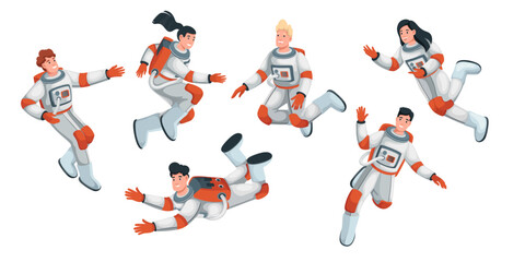 Astronauts flying in zero gravity inside spaceship set vector illustration. Cartoon isolated astronauts in spacesuits floating in weightlessness during space travel, man and woman in different poses - obrazy, fototapety, plakaty