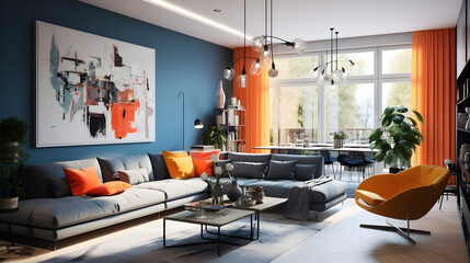Modern apartment interior design, bright colors