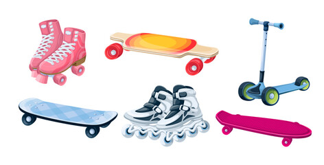 Skating equipment set vector illustration. Cartoon isolated inline roller blades and skates for skating, drop down and penny, freestyle and classic skateboards, kick scooter for kids and adults