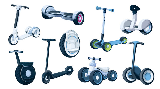 Electric personal city transport set vector illustration. Cartoon isolated smart eco friendly urban vehicles with battery collection, hoverboard and segway, modern gyroscooter and electric unicycle