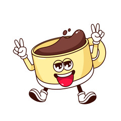 Groovy coffee cup character vector illustration. Cartoon isolated cute funny mascot with hot caffeine drink and V fingers of victory sign, breakfast coffee mug with arms and legs, comic happy face