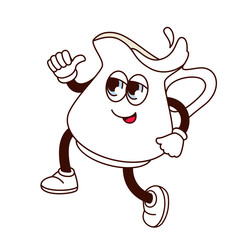 Groovy milk jug character vector illustration. Cartoon isolated retro funny white pitcher full of fresh cream or milk for morning coffee, funky glass creamer emoji walking with jumps for breakfast