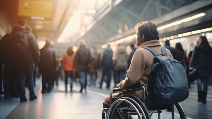 A person with a disability independently navigating a crowded subway platform - obrazy, fototapety, plakaty