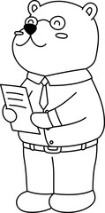 Bear Cartoon Character Cute Officer Employee Writing Report Full Body Outline