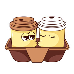 Groovy coffee cup characters kiss vector illustration. Cartoon isolated retro funny sticker of morning drink, happy couple of paper or plastic mugs kissing with love, cute romantic coffee container