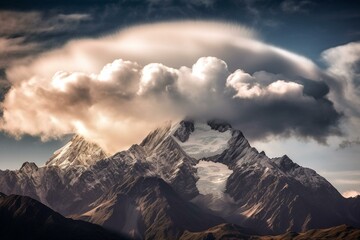 Stunning mountainscape with artistic cloud formations. Generative AI