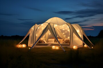 An illuminated tent in a field resembling sophisticated interiors. Generative AI