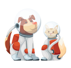 Cute astronauts dog and cat vector illustration. Cartoon isolated funny baby space animal characters sitting, happy kitty and doggy in helmets and suits for travel in cosmos, astronauts pet friends © setory