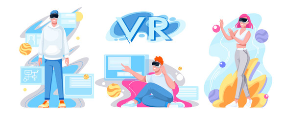 Virtual reality technology for work, communication and study set vector illustration. Cartoon isolated VR text label, male and female characters with VR glasses working, studying with visual hologram