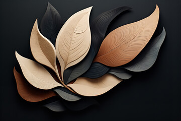 an abstract art print has the shape of a leaf, in the style of black and beige, earthy color palettes, asymmetric designs, cardboard, nature-inspired shapes, imitated material, terracotta