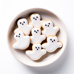 Top Down Photograph, Halloween Ghost Cookies Isolated on a White Background, Generative AI