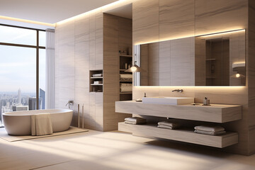 Fototapeta na wymiar Stylish bright bathroom with large windows. Glamorous interior design. Sample.